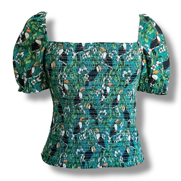 Dolan Womens Top Sz Small Green Toucan Tropical Floral Smocked Puff Sleeve Shirt - Picture 4 of 9